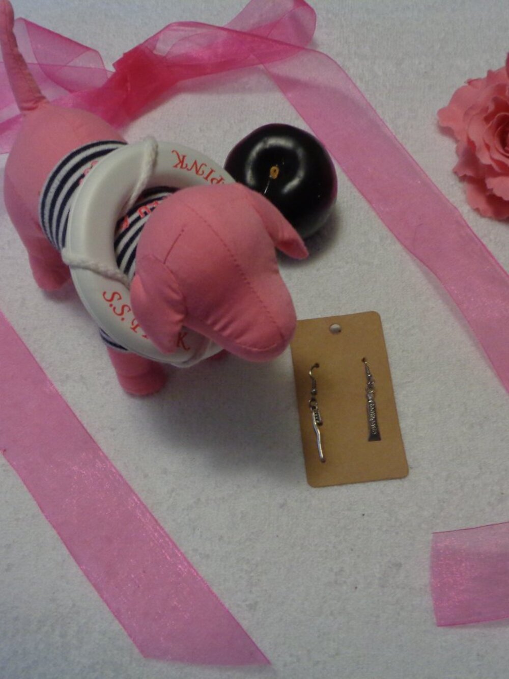 NAUTICAL PINK DOG VINT FAUX PLUM BRUSHING TEETH EARINGS PINK RIBBON LOT